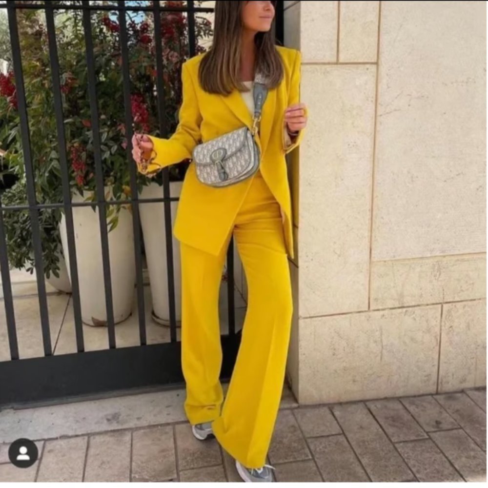 ZARA Stretch Yellow Textured Flared Leg Pant Trousers